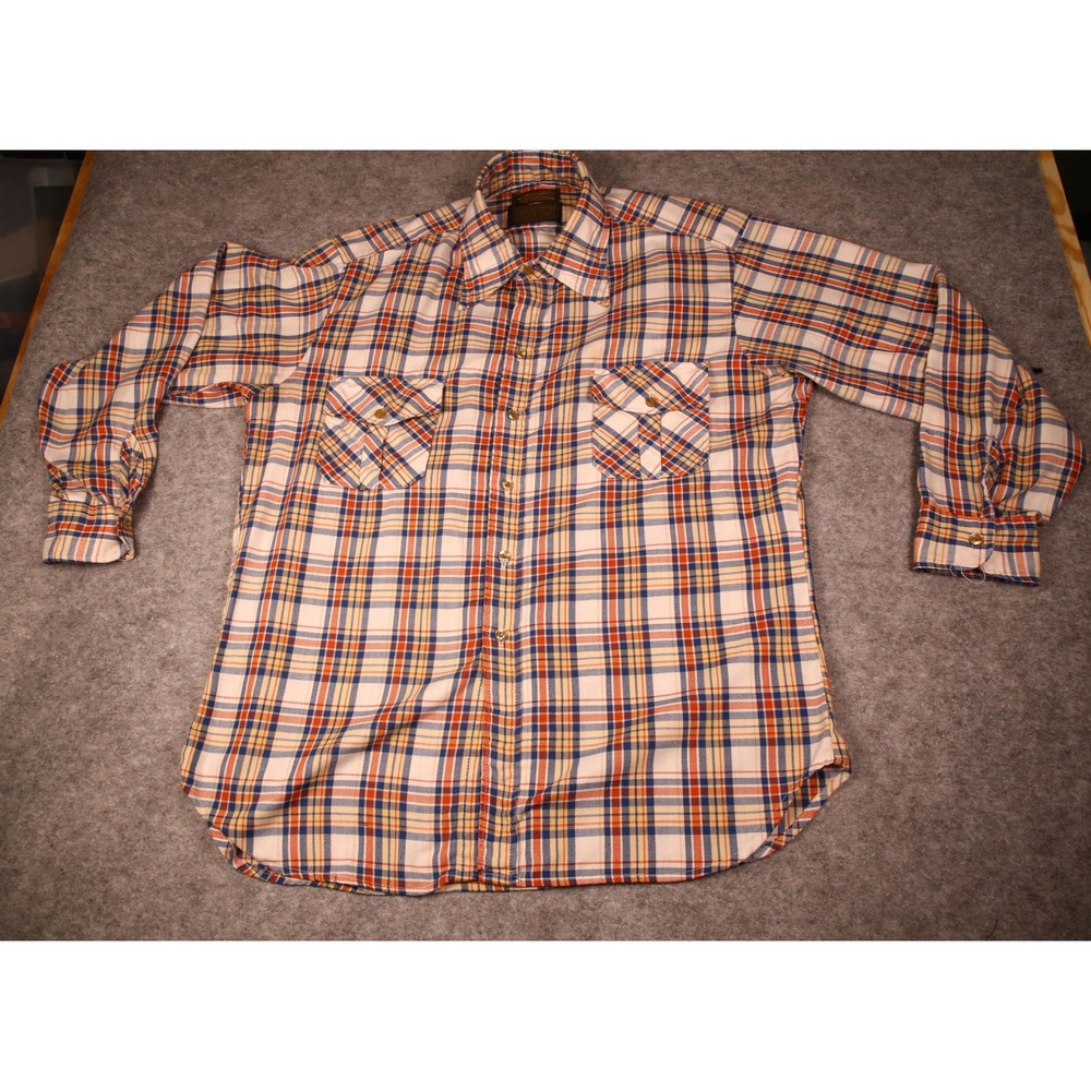 Vintage Eddie Bauer Plaid Flannel Shirt Mens XL Blue Orange Yellow Button Down